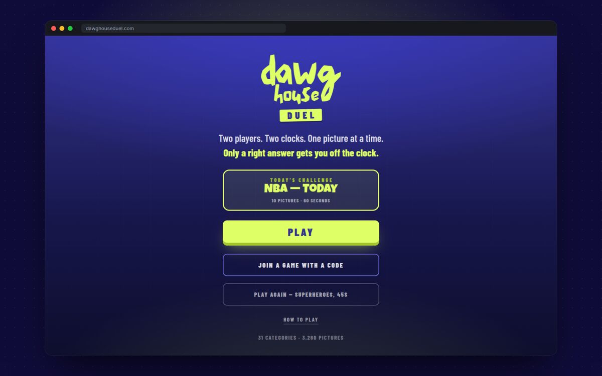 Dawg House Duel home screen: two players, two clocks, one picture at a time