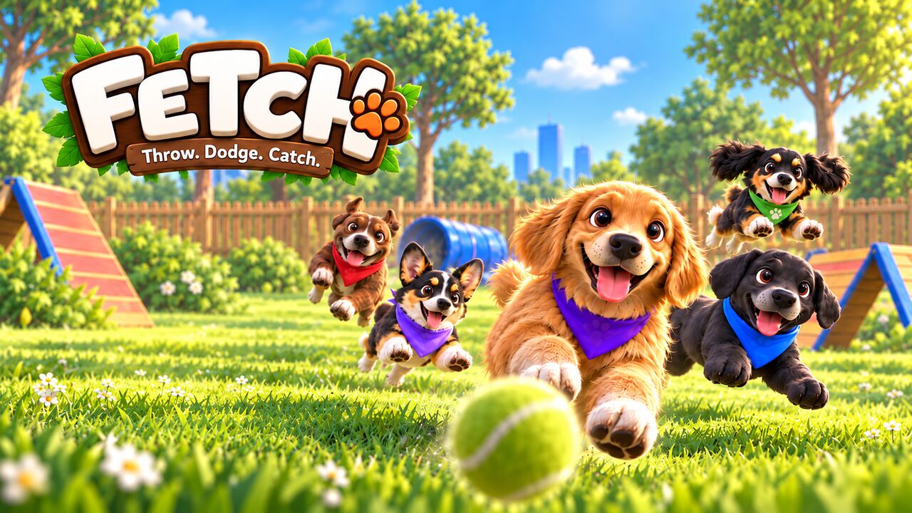Fetch key art: five cartoon dogs chasing a tennis ball