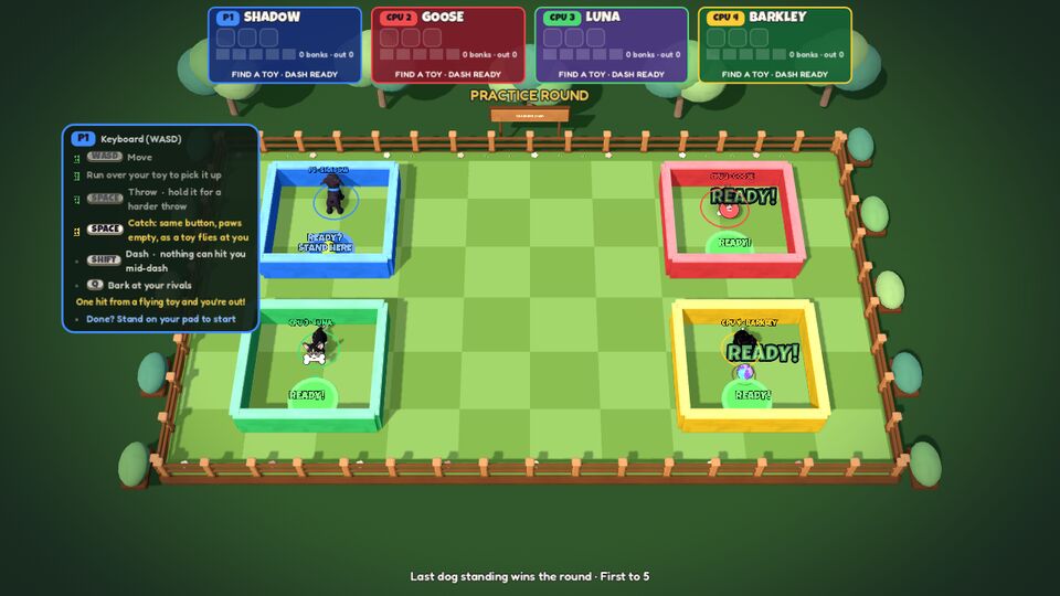 Fetch gameplay: four dogs in a fenced 3D arena