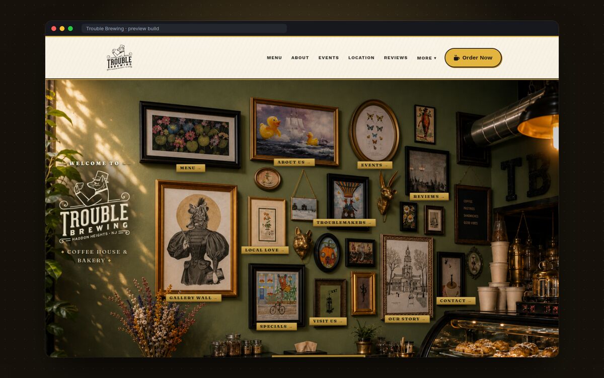 Trouble Brewing Coffee House homepage with an illustrated gallery wall