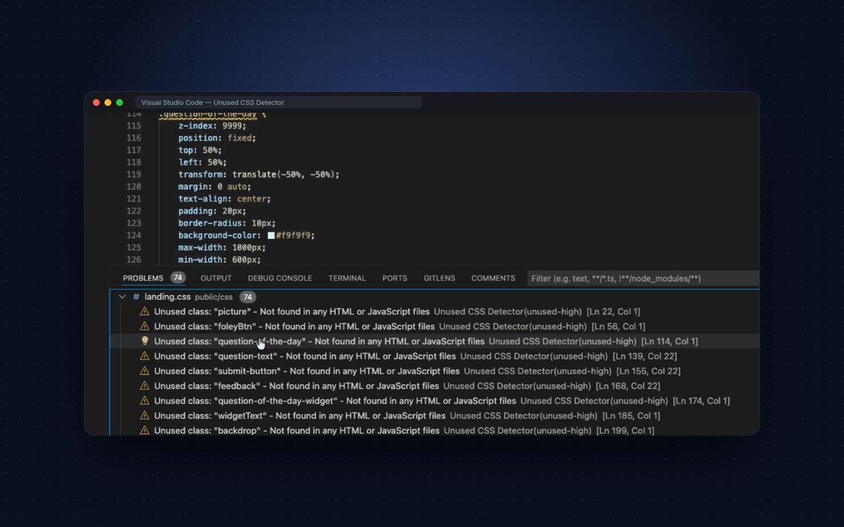 Unused CSS Detector flagging unused classes in VS Code